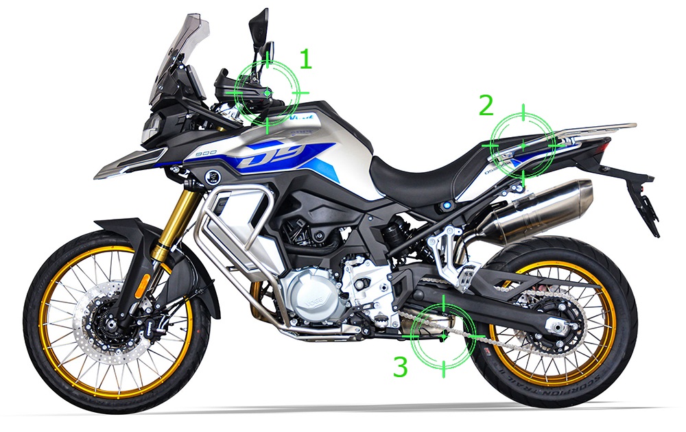Center stand lift points on the Voge DS900X - left handlebar, rear rack, center stand lever