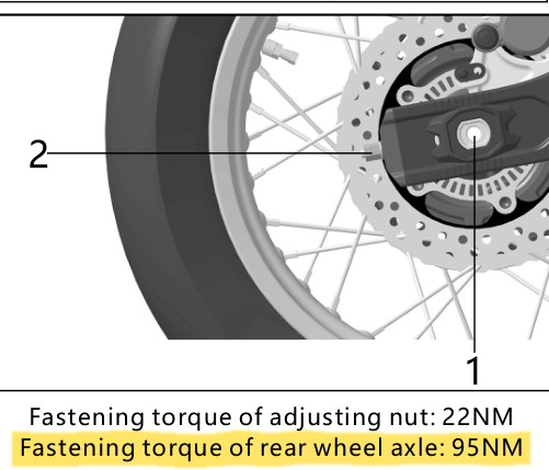 Chain adjustment illustration: fastening torque of rear wheel axle 95 NM.