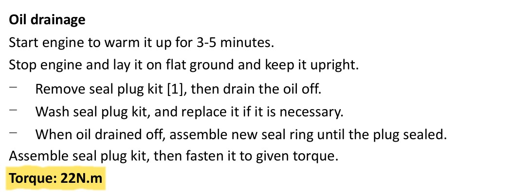 Oil drainage procedure: torque 22 N.m.