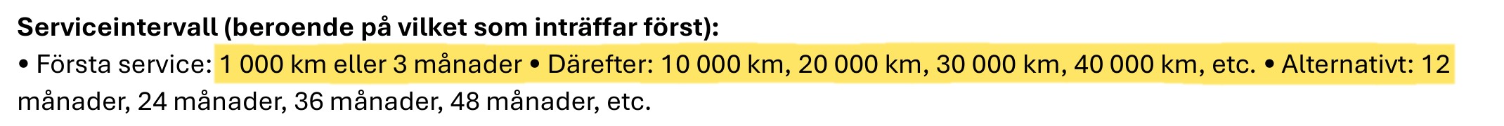 Swedish service interval text: first service at 1,000 km or 3 months, then 10,000, 20,000, 30,000 and 40,000 km, or 12, 24, 36 and 48 months.